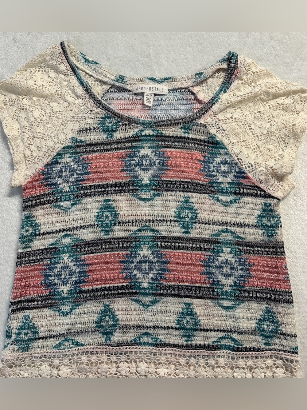 Y2K AEROPOSTALE women's cream turquoise boho mesh knit top, XS. - Picture 2 of 3